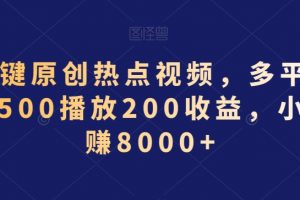 AI一键原创热点视频，多平台分发，500播放200收益，小白稳赚8000+